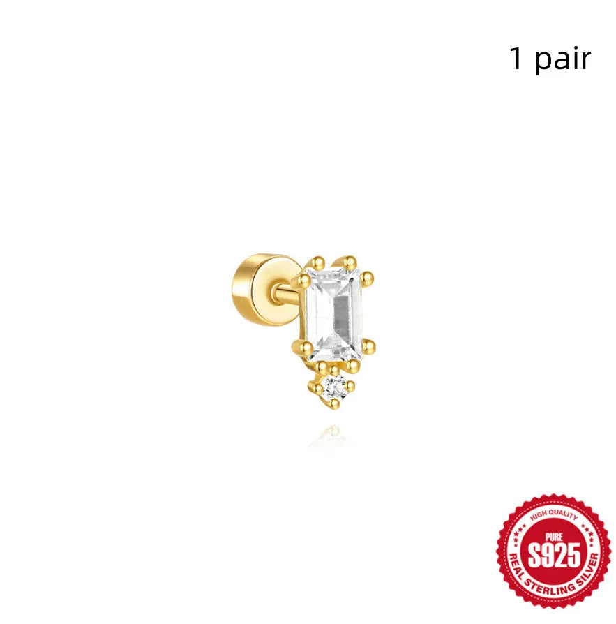 S925 sterling silver flat column geometric ear bone stud with threaded post in a gold colour finish.