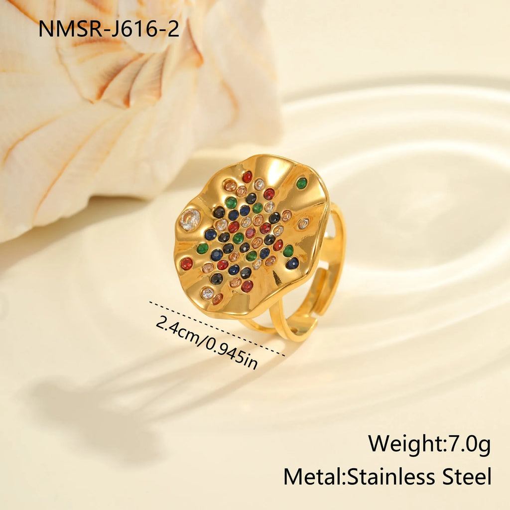 Geometric open mouth ring with pleated design and colour diamond inlays on stainless steel