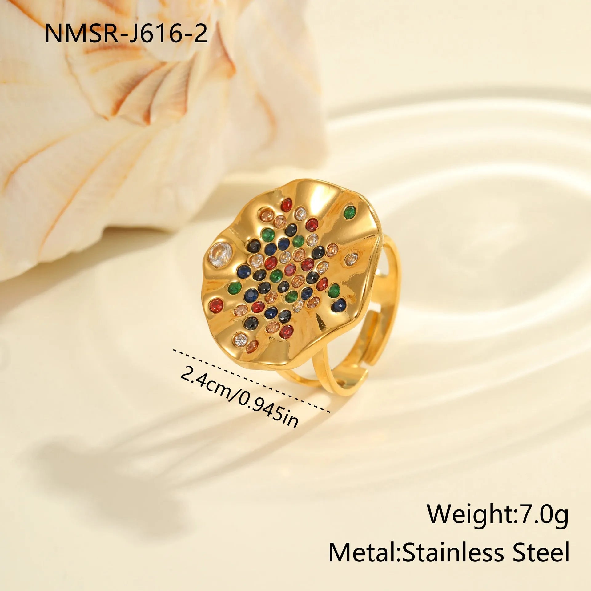 Geometric open mouth ring with pleated design and colour diamond inlays on stainless steel