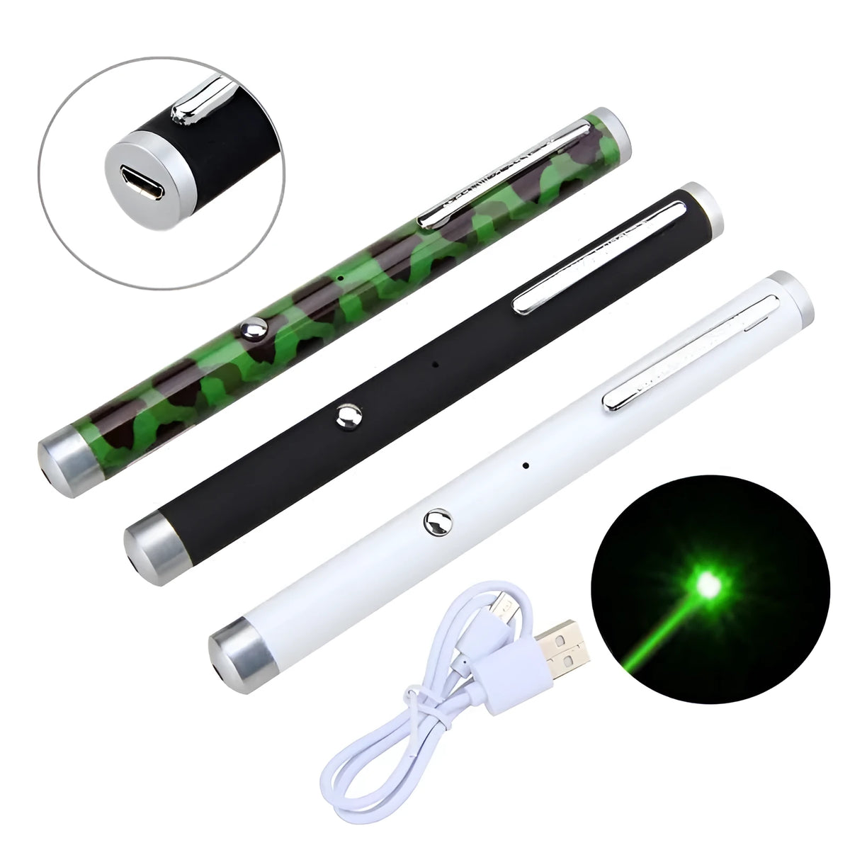Green 5mw laser pointer pen in black, camouflage, and white colour options.