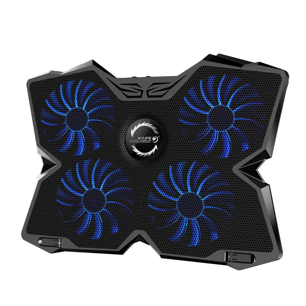 Blue LED computer cooling exhaust fan base with four 120mm fans, two speed switches, and USB ports