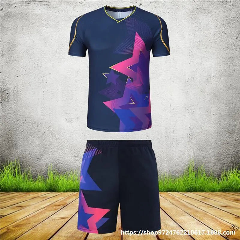 Unisex badminton sportswear set featuring a short-sleeved top and trousers in sapphire blue