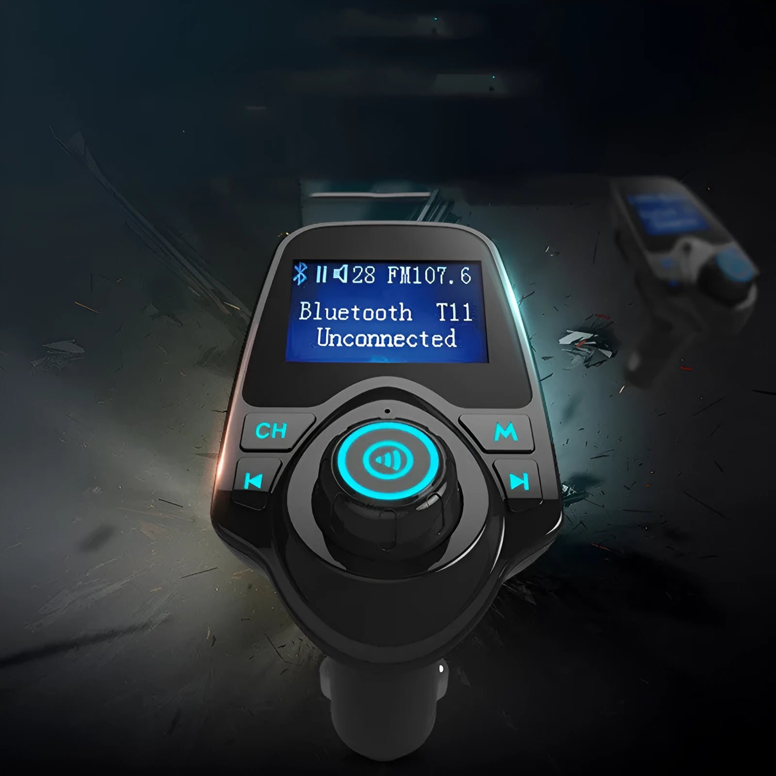 Black G7 Bluetooth car hands-free device with FM transmitter, USB port, and memory card slot