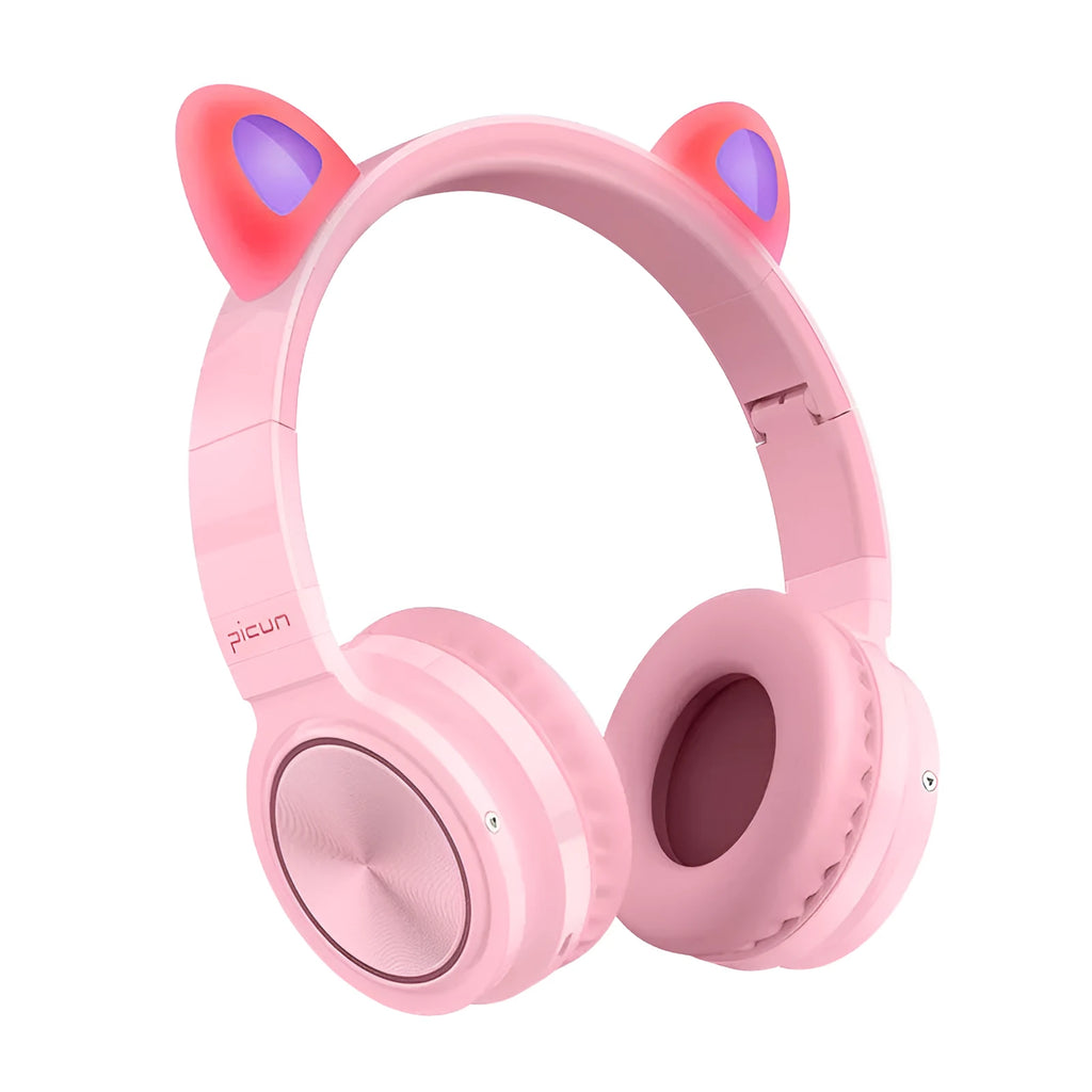 Pink and white wireless Bluetooth over-ear headphones with protein ear cushions and braided charging cable