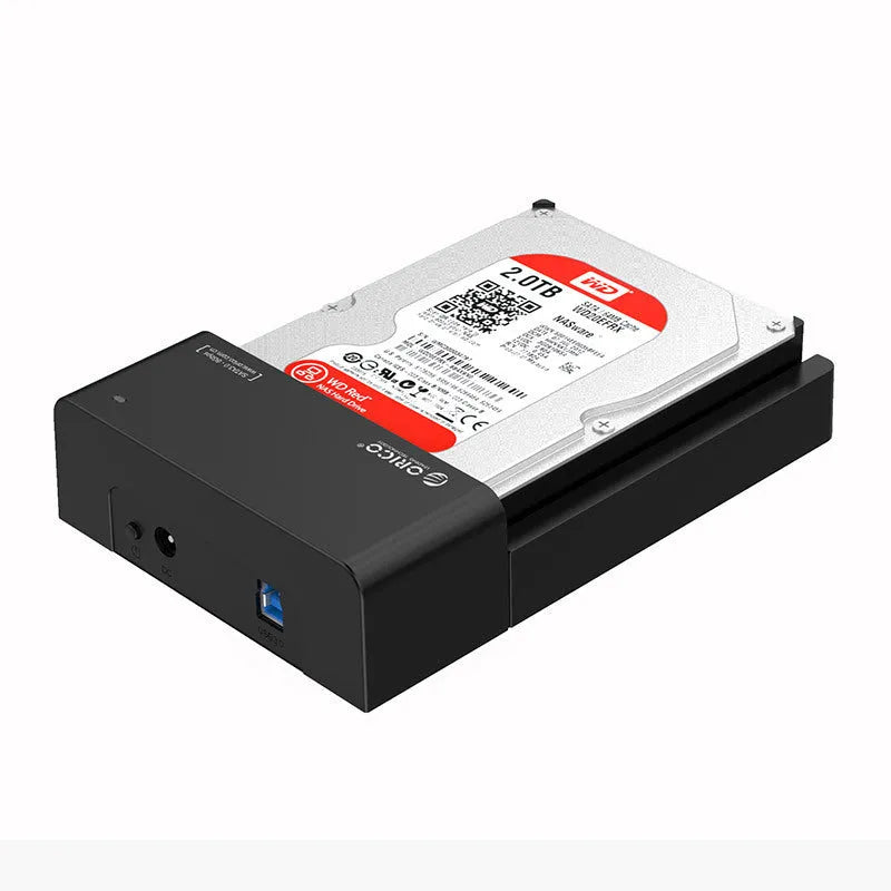 Black plastic hard disk box for 2.5 and 3.5 inch SATA drives with included data cable