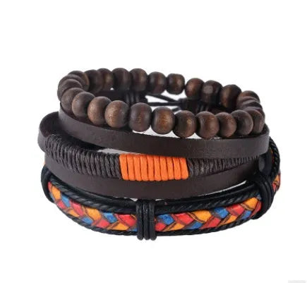 Handmade men's adjustable leather wrap bracelet with wooden beads and woven rope design
