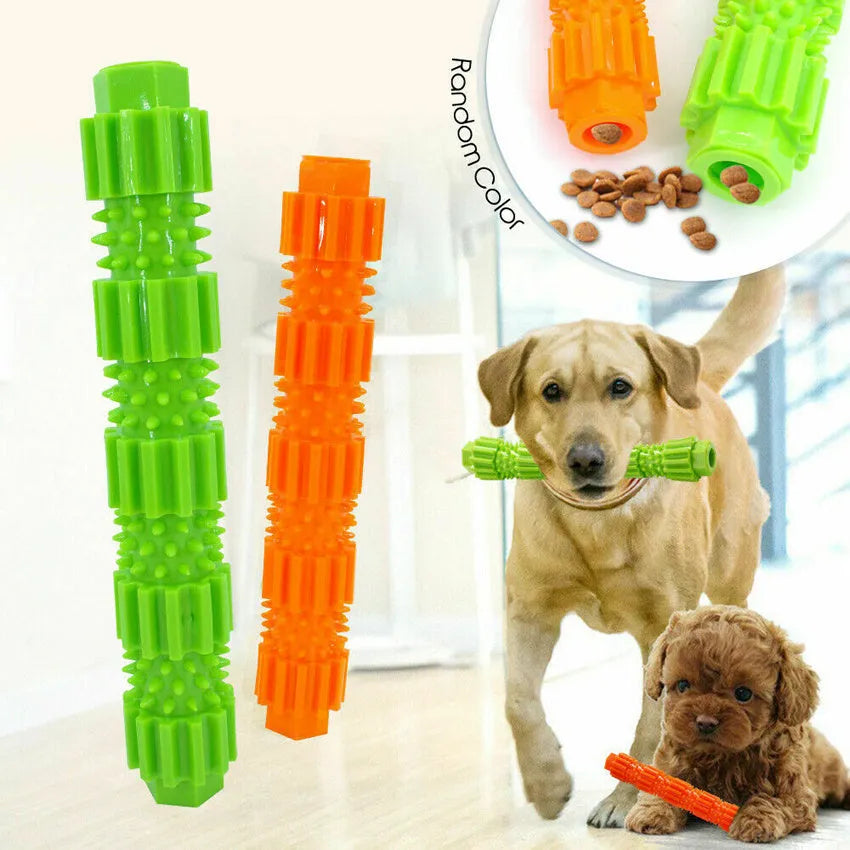 Green natural rubber dog chew toy with hollow centre for treat dispensing and teeth cleaning
