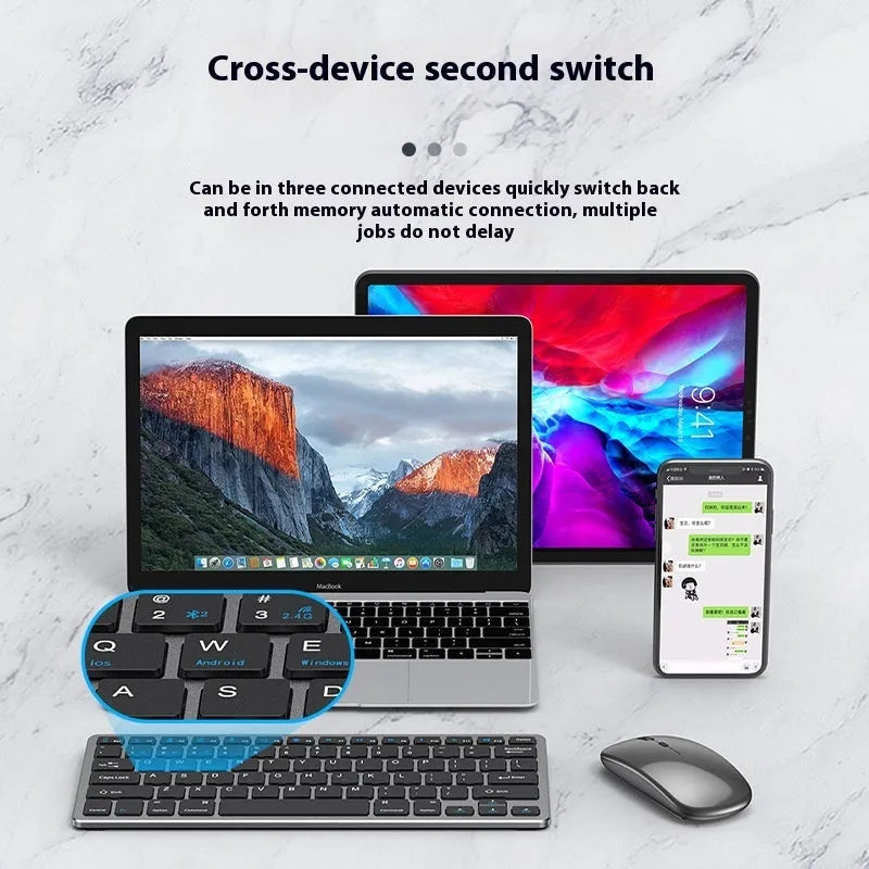Black wireless ultra-thin keyboard and mouse combo with USB receiver and keyboard cover on a desk.