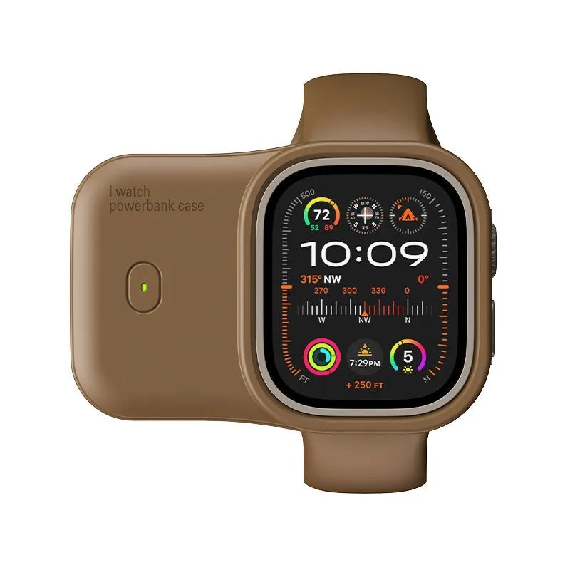 Apple Watch portable wireless charging case with silicone protective sleeve in Brown, Midnight Blue and Starlight colours.