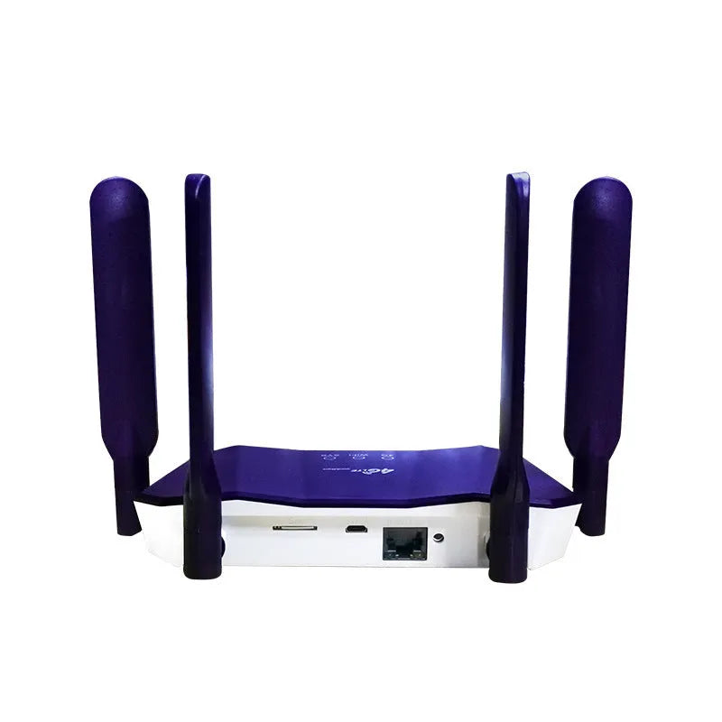 Blue 4G dual mode router with four antennas for wireless and wired internet connectivity