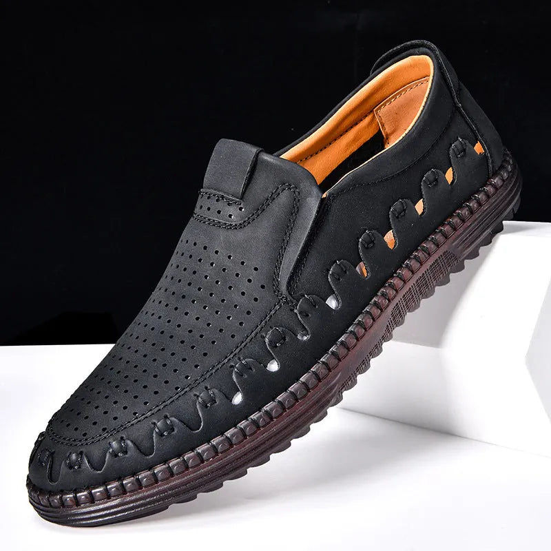 Men's brown artificial leather slip-on casual shoes with round toe and flat sole