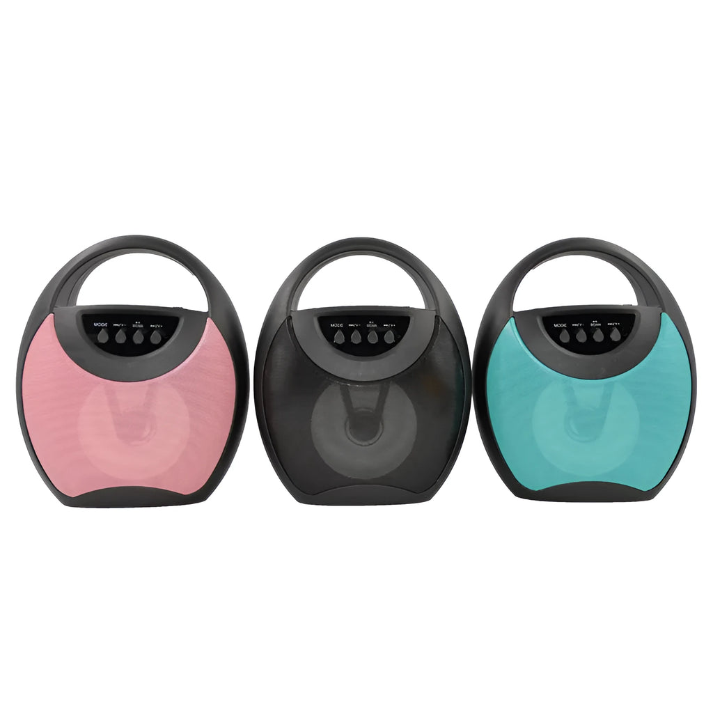 Portable Bluetooth speaker in black, blue, or pink with USB and SD card slots