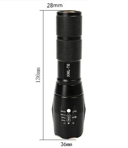 Black aluminium alloy zoomable LED flashlight showing adjustable head for focus control