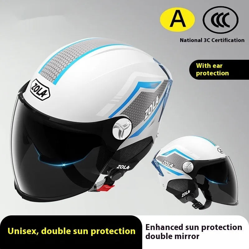 Children's 3C battery motorcycle half helmet with double mirror visor in light brown colour