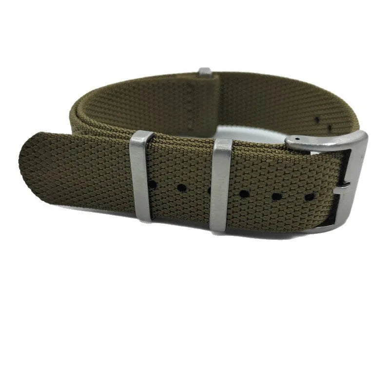 Woven nylon textile watch strap in army green colour showing integrated construction