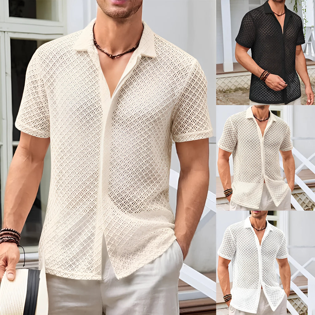 Man wearing a solid colour short sleeve lapel cardigan shirt on a beach