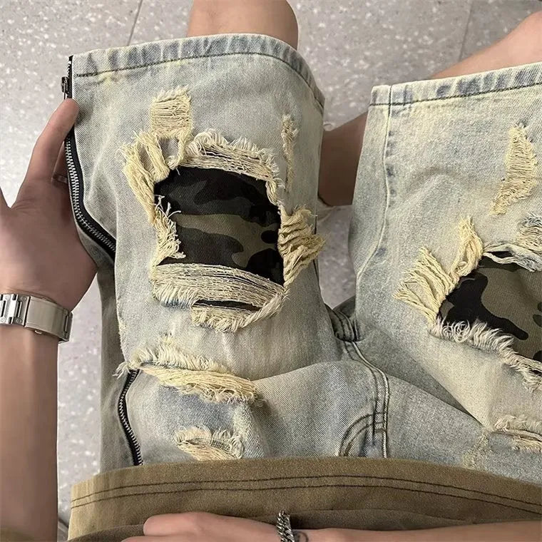 Men's yellow mud camouflage denim shorts with ripped detailing and straight-leg Korean style cut