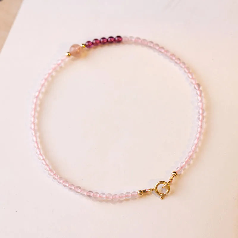 Handmade women's 2mm pink crystal strawberry quartz bracelet in 14cm, 15cm, or 16cm without tail chain