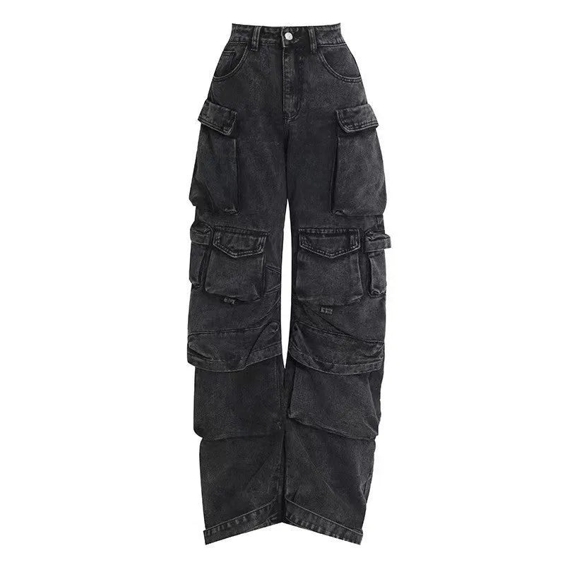 Blue tie-dyed high waist wide leg jeans with multiple pockets and street hipster styling