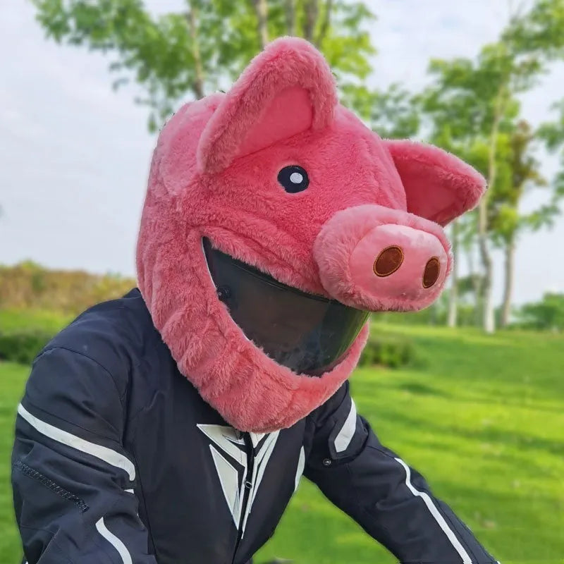 Pink pig cartoon plush hood cover for a motorcycle helmet made from pv velvet cloth.