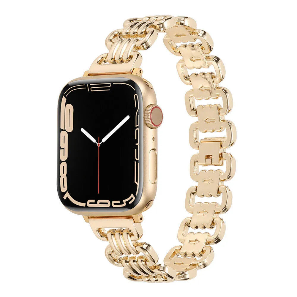 Alloy metal Apple Watch bracelet in silver, black, gold, rose gold, and Starlight colour options.