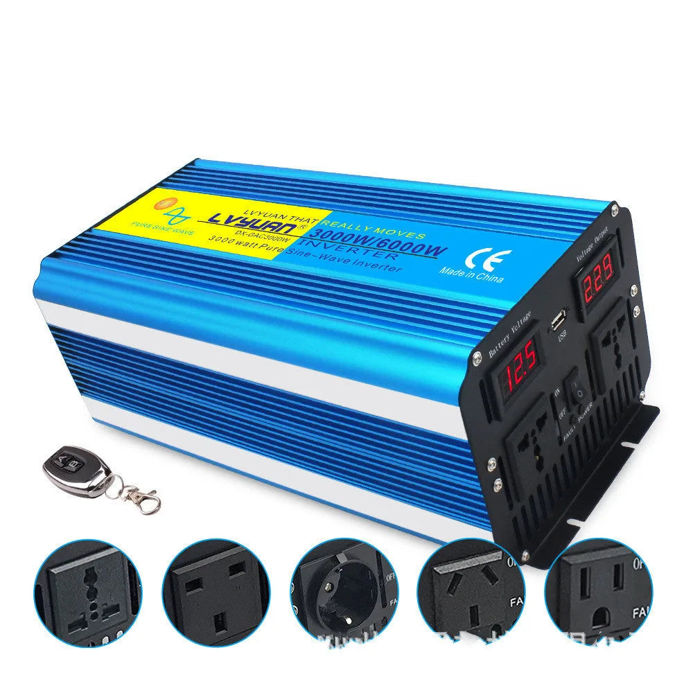 Blue high-power 3000W pure sine wave inverter with digital display and UK socket.