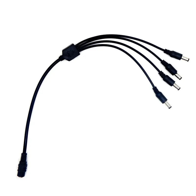 Black 12V monitoring power cord with DC one-in-four interface and 5.5mm connectors for CCTV cameras