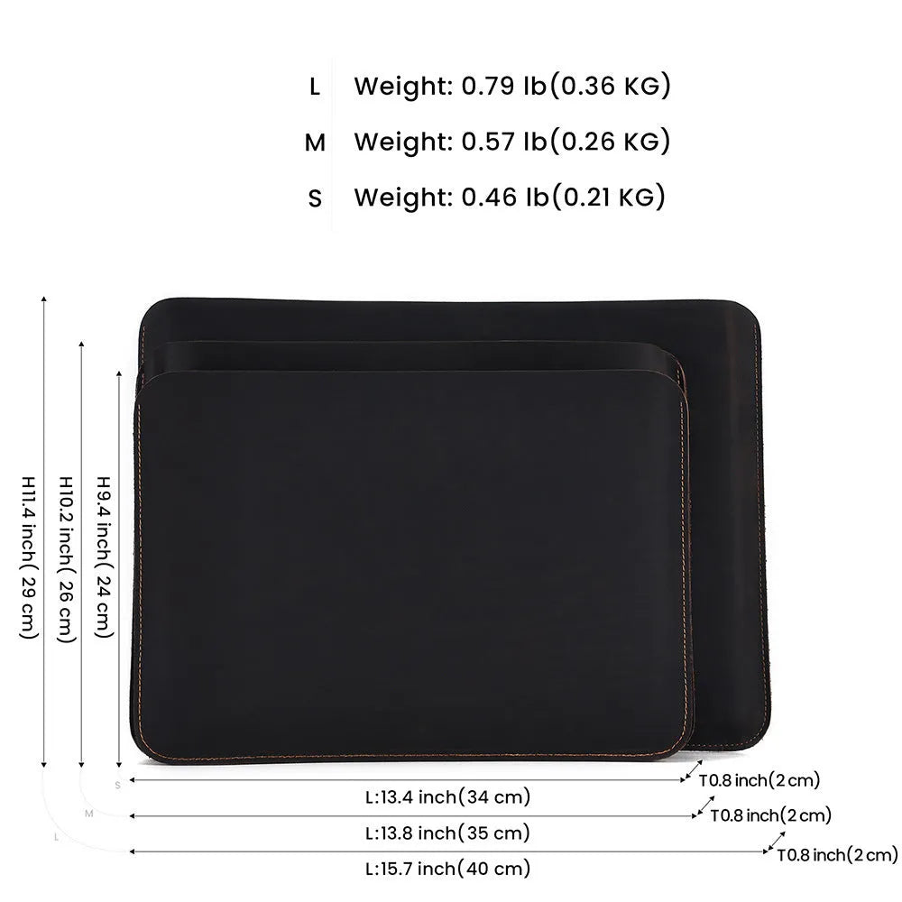 Brown genuine cowhide leather horizontal computer liner bag with a solid colour pattern.