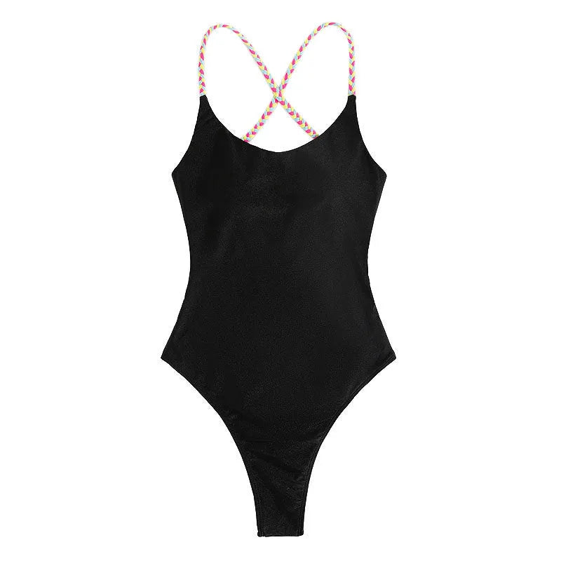 Black solid colour women's one-piece swimsuit with a backless and sleeveless design on a mannequin.