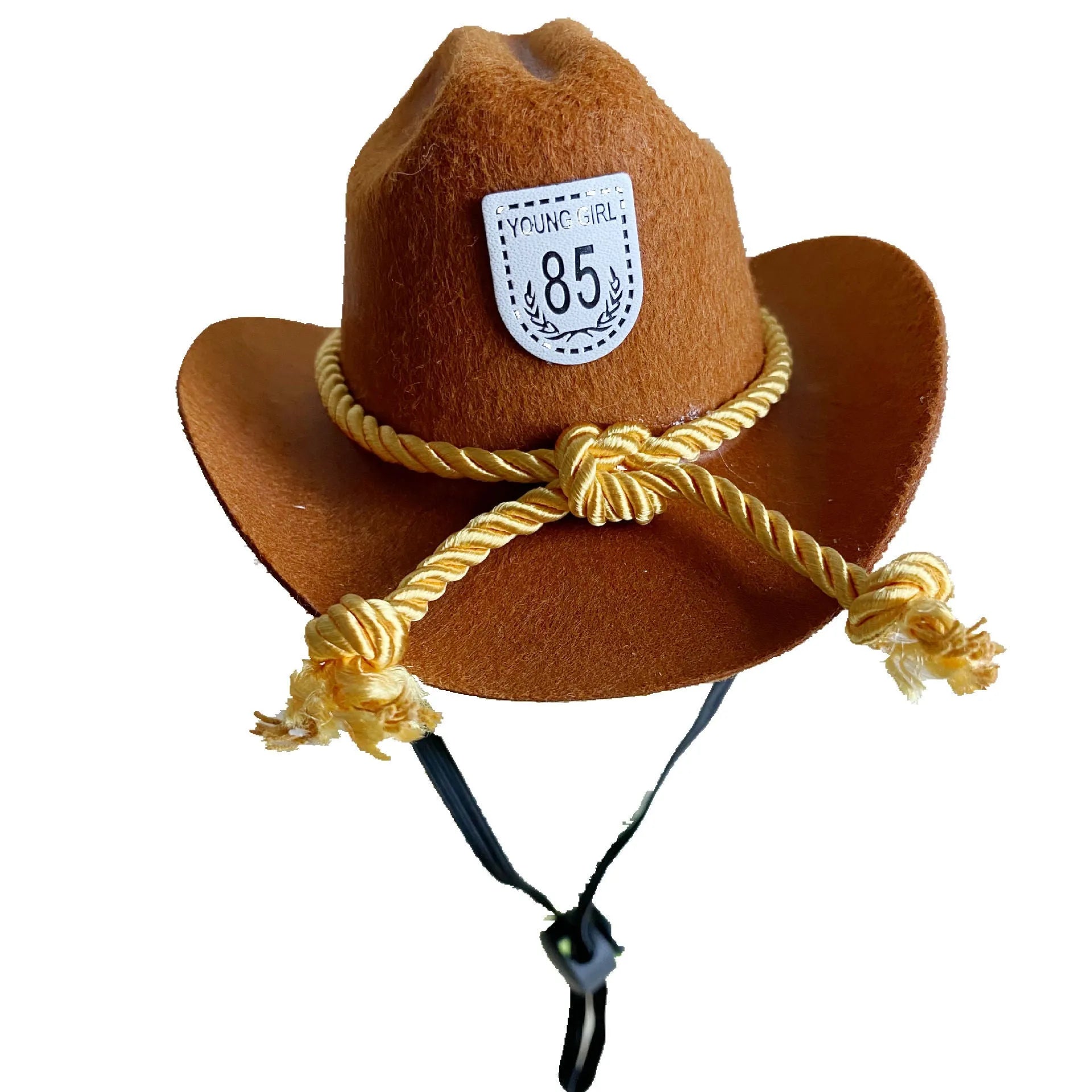British-style brown cowboy hat for a cat on a mannequin head.