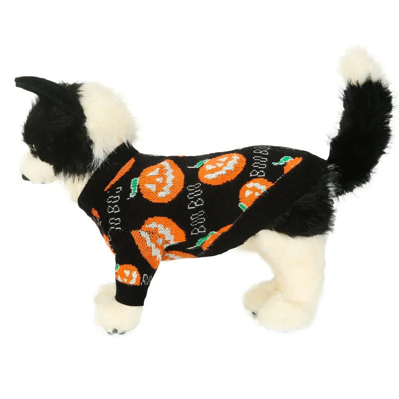 Black dog sweater with orange pumpkin pattern showing size options from S to XXL