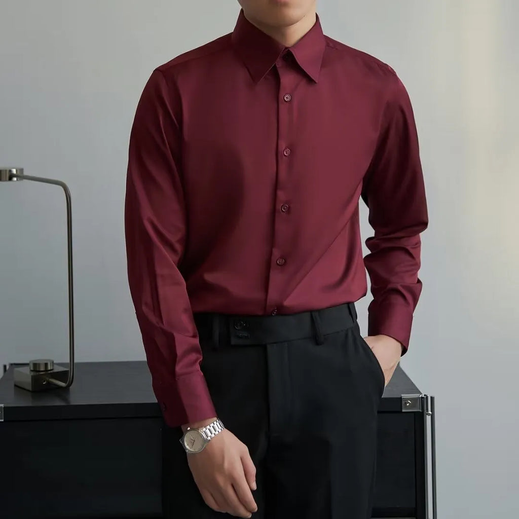 Man wearing a black loose-fit Korean style long sleeve cardigan shirt with Japanese retro design details.