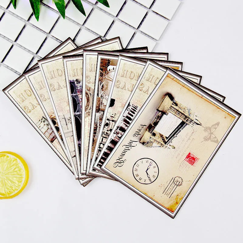 Set of nine minimalist cartoon style postcards depicting the retro Paris Tower and historic landmarks.