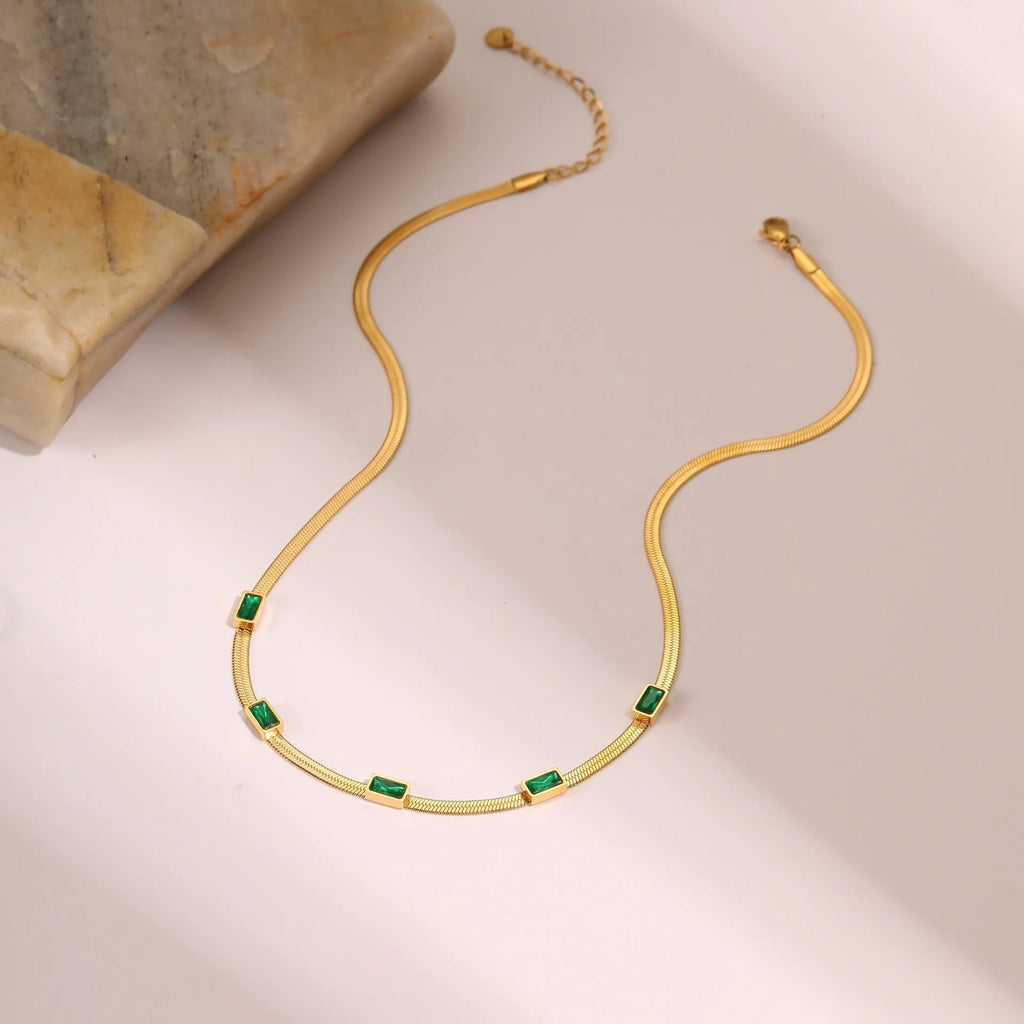 RETRO geometric square zircon stainless steel necklace with flat snake chain in gold or steel colour