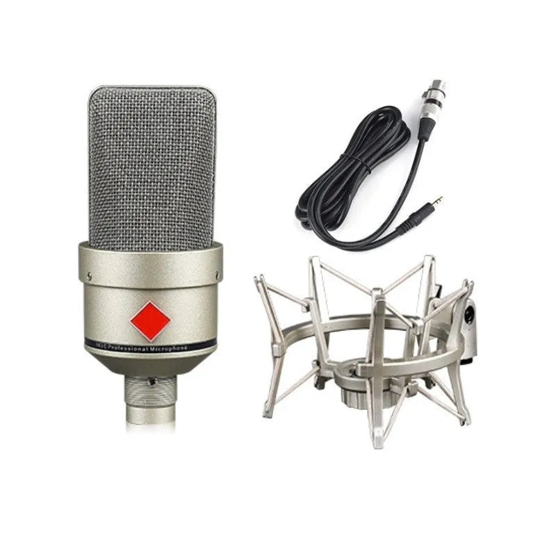 Champagne gold wired condenser microphone with cardioid pattern on included stand.