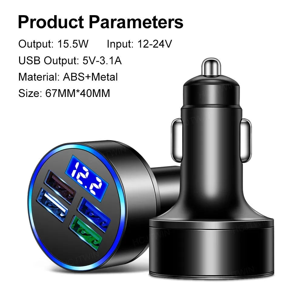 Black four-port USB car charger with cigarette lighter plug