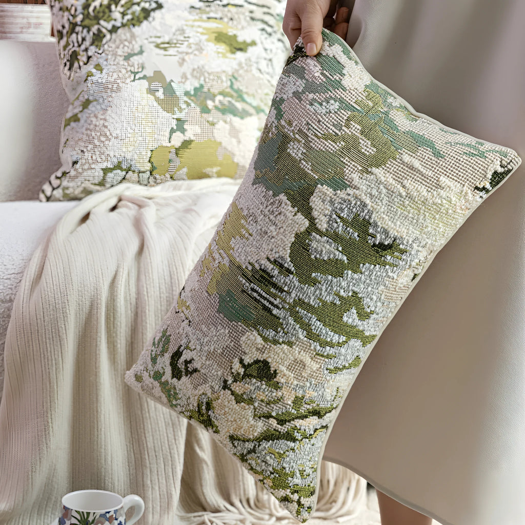 Antique green French-style abstract floral print on a wool blend decorative pillowcase.