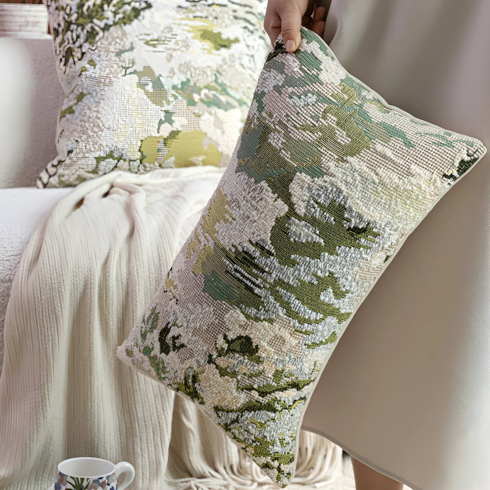 Antique green French-style abstract floral print on a wool blend decorative pillowcase.