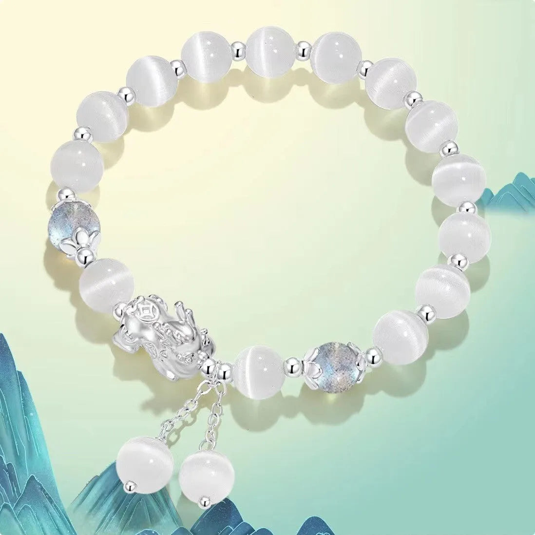 Natural black agate wave-shaped couple bracelet with money painting design on gray background
