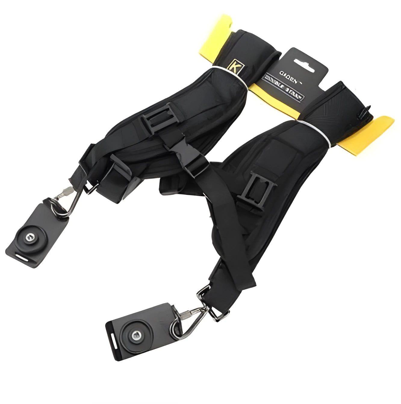 Black professional dual SLR camera strap with shoulder padding shown holding two cameras.