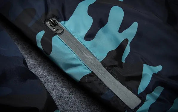 Men's camouflage hooded jacket with luminous zipper, available in multiple colours and sizes M to 5XL