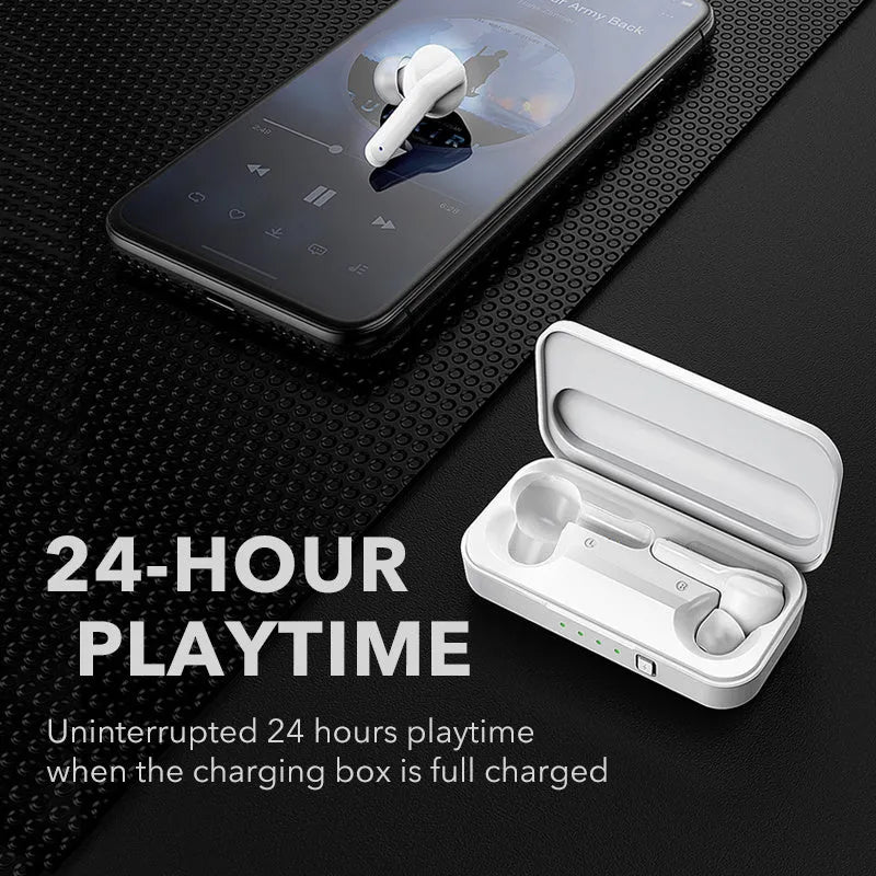 Black and white TWS wireless earbuds with Bluetooth 5.0 and IPX5 waterproof rating