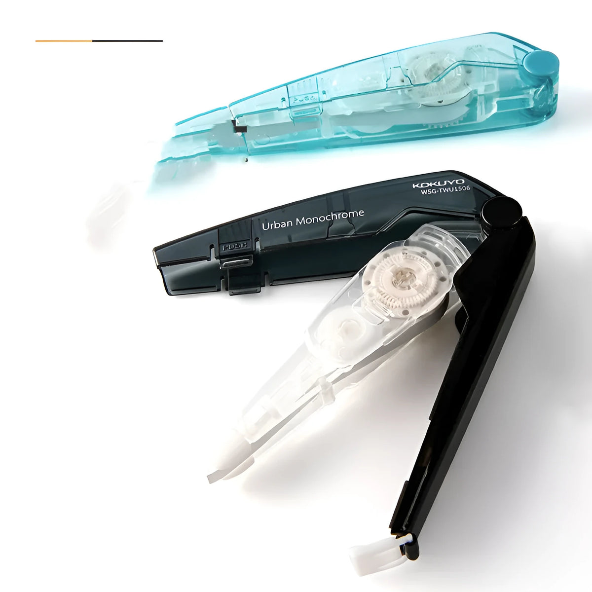 Refillable correction tape with transparent refill in multiple colour options including blue, pink and yellow