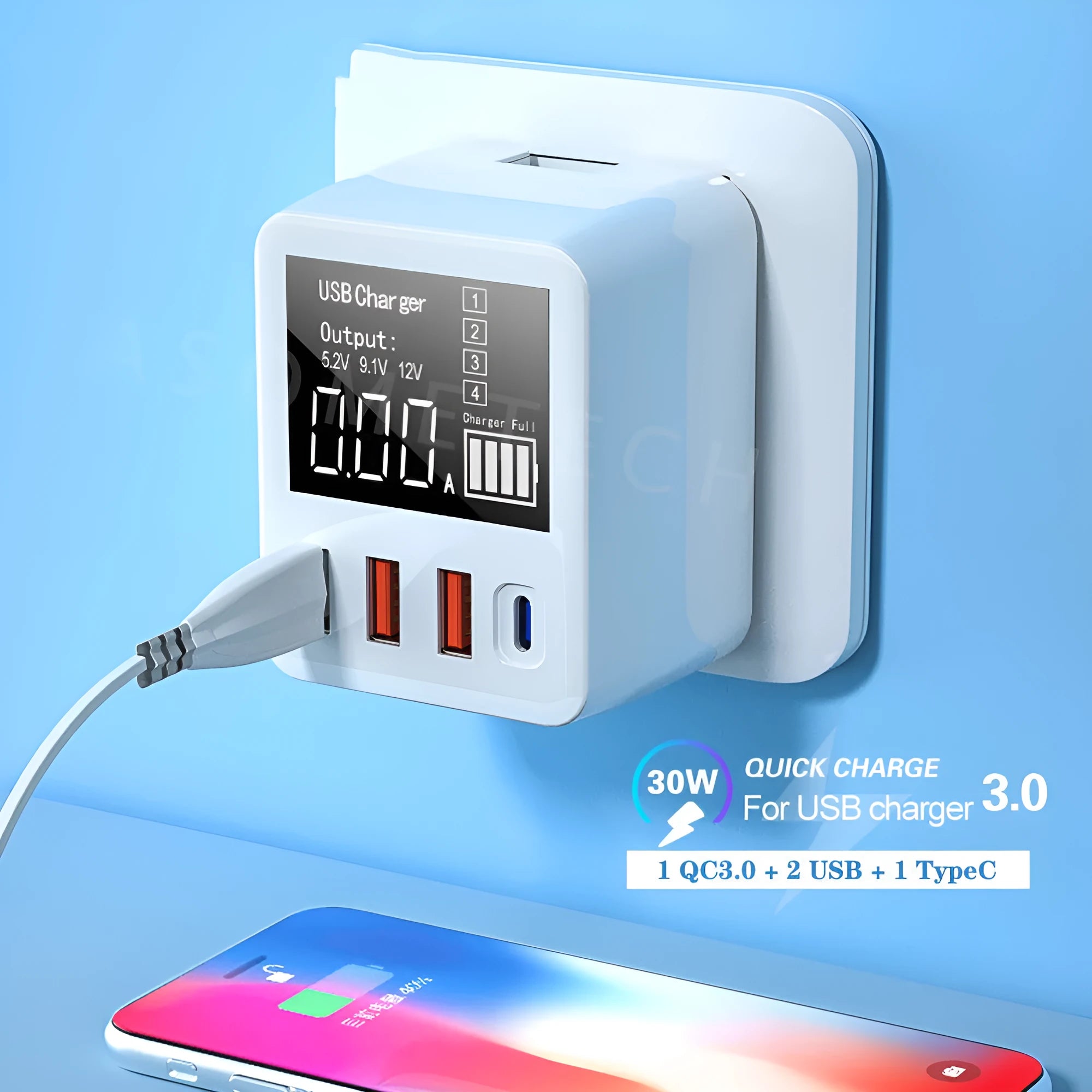 White 4-port travel charger with LED display showing charging information