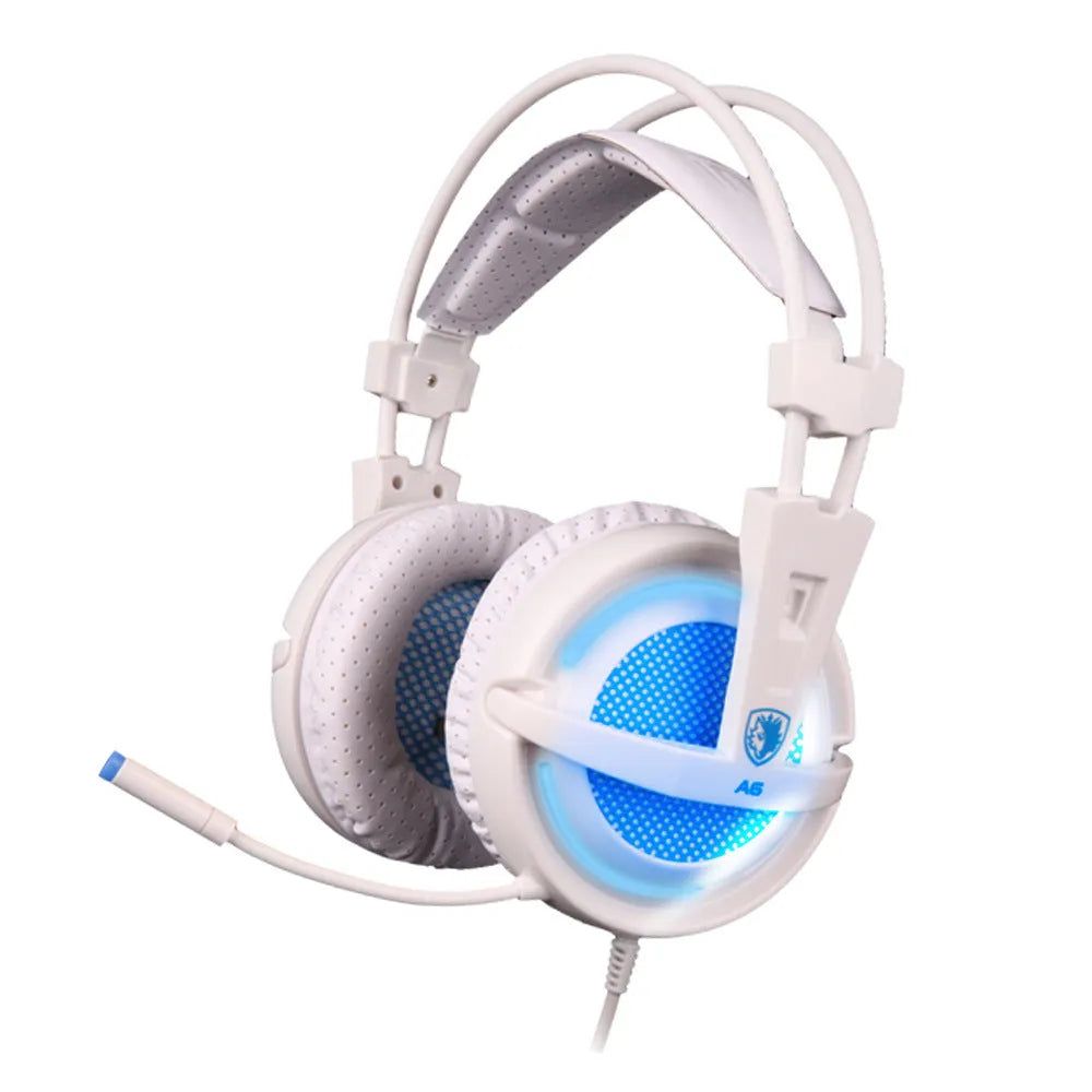Black and white USB gaming headset with LED lights on earcups and a padded headband.