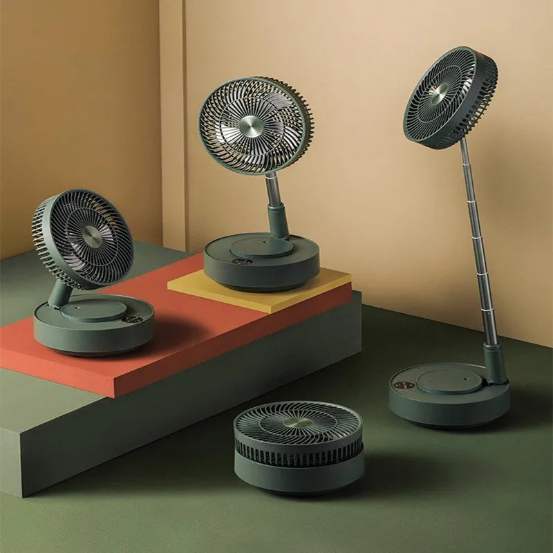 Green telescopic floor fan extended to vertical position with remote control