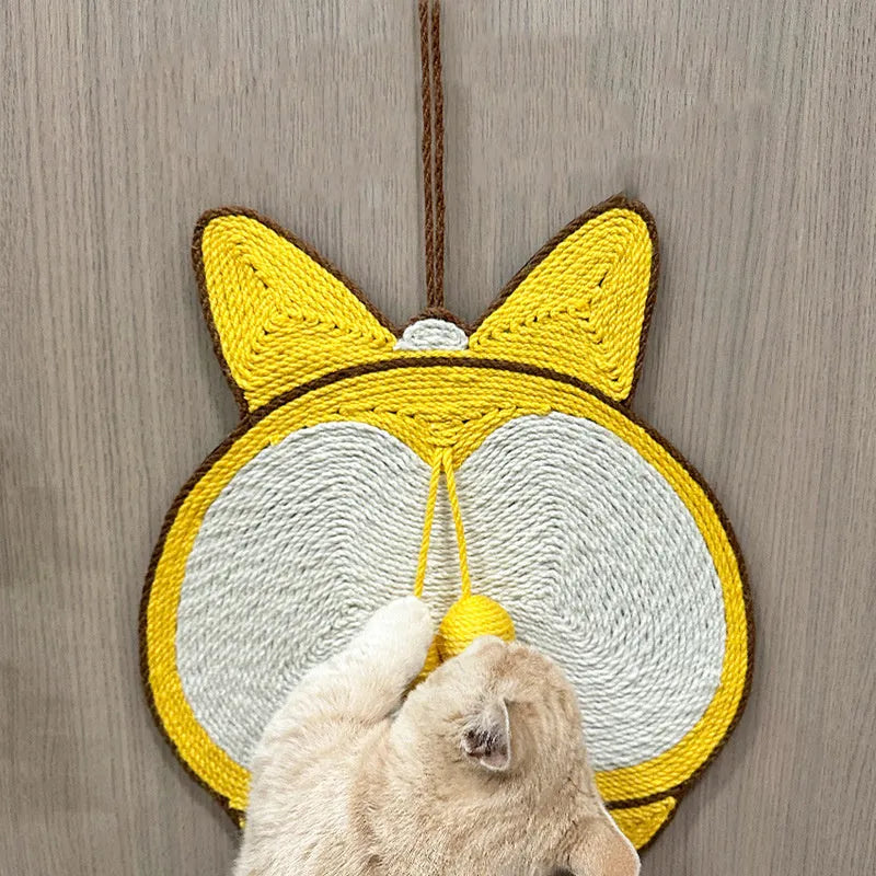 Yellow cat scratching pad with Corgi butt design on natural sisal surface with anti-slip base