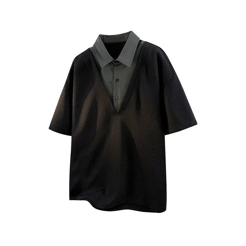 Men's black padded polo shirt sweater with a heavy collar and short sleeves, made from stretch spandex knit.