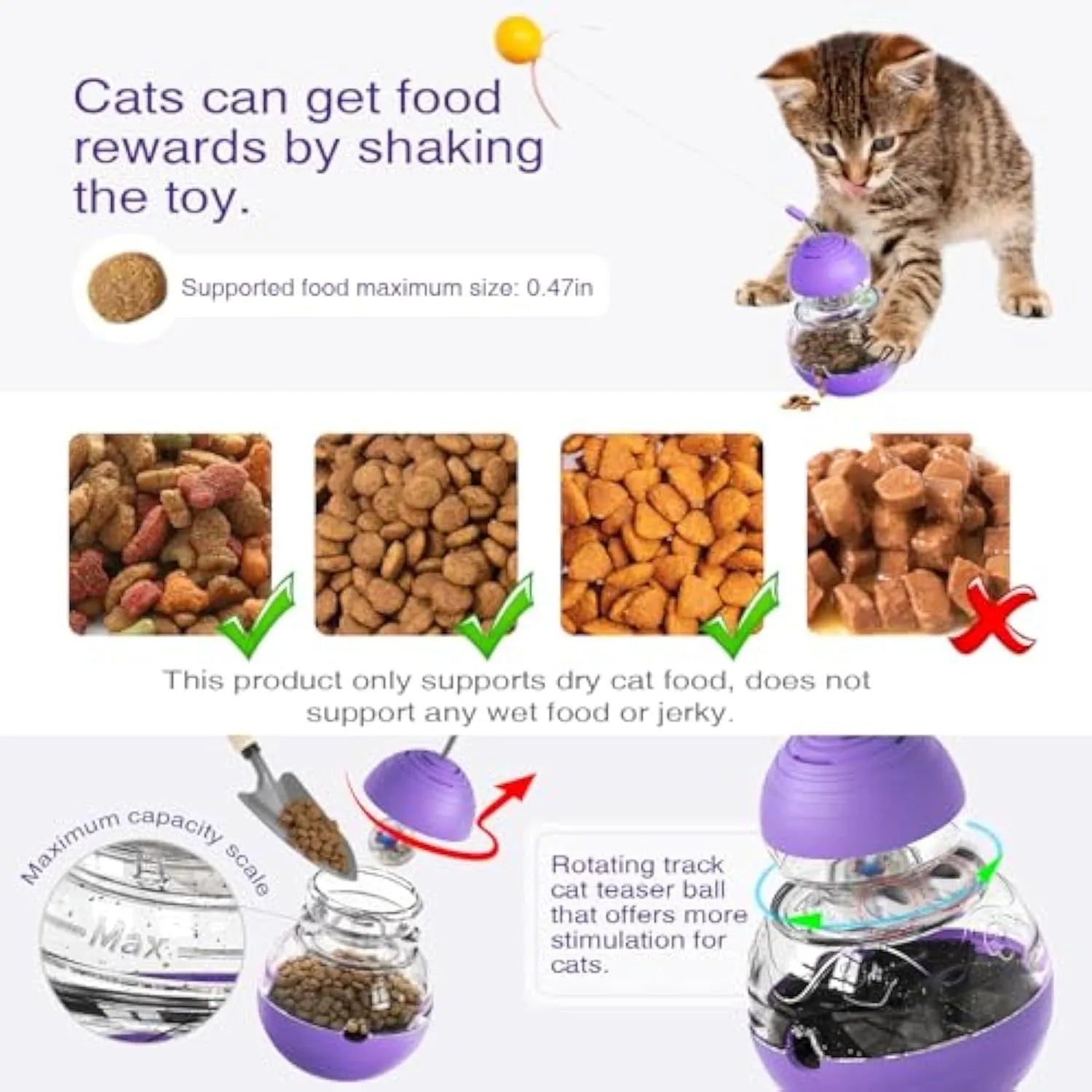 Interactive cat wand toy with rocking base, teaser attachment, and food dispenser in pink, purple or yellow colours