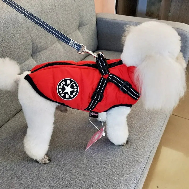 Waterproof dog coat with built-in harness in red, navy blue or army green colours
